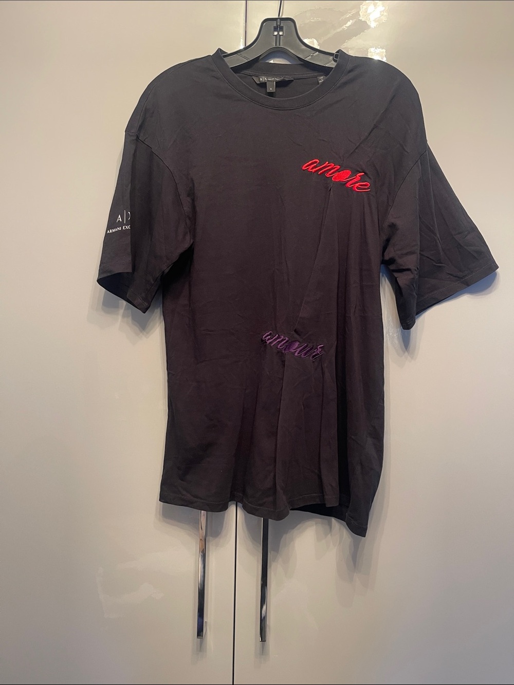 Armani Exchange Men's Black 'Amore' Embroidered Logo Tee